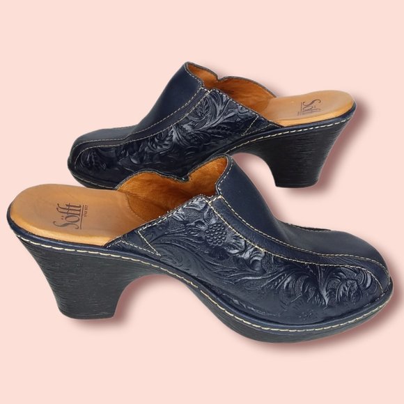 Sofft Tooled Leather Clogs Size 8.5M Blue Slip On Boho Southwestern Floral Folk - Picture 8 of 11